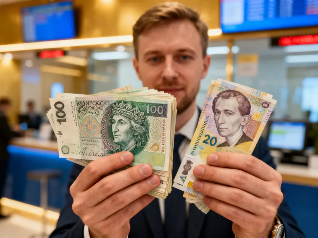 Mężczyzna trzymający w dłoniach banknoty złotych polskich oraz hrywien ukraińskich na tle kantoru.