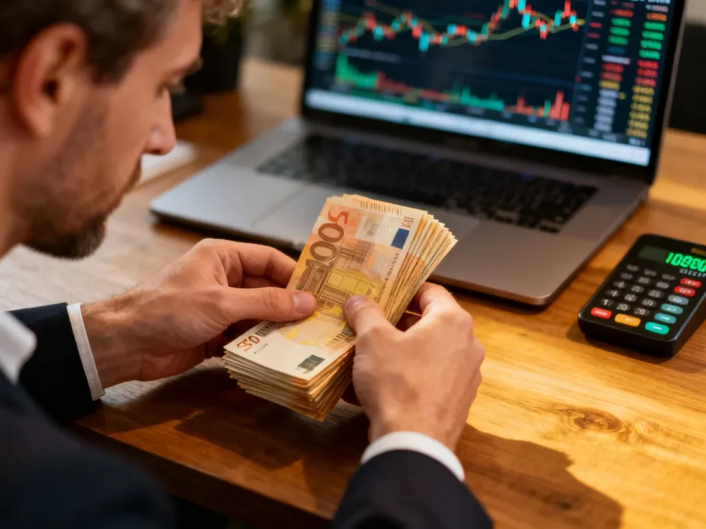 Mężczyzna przelicza plik banknotów przy biurku z laptopem wyświetlającym wykresy finansowe.