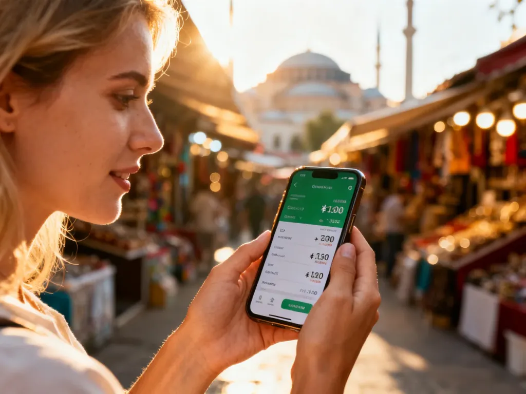 Kobieta trzymająca smartfon z aplikacją do przeliczania walut na tle rozmytego tureckiego bazaru.