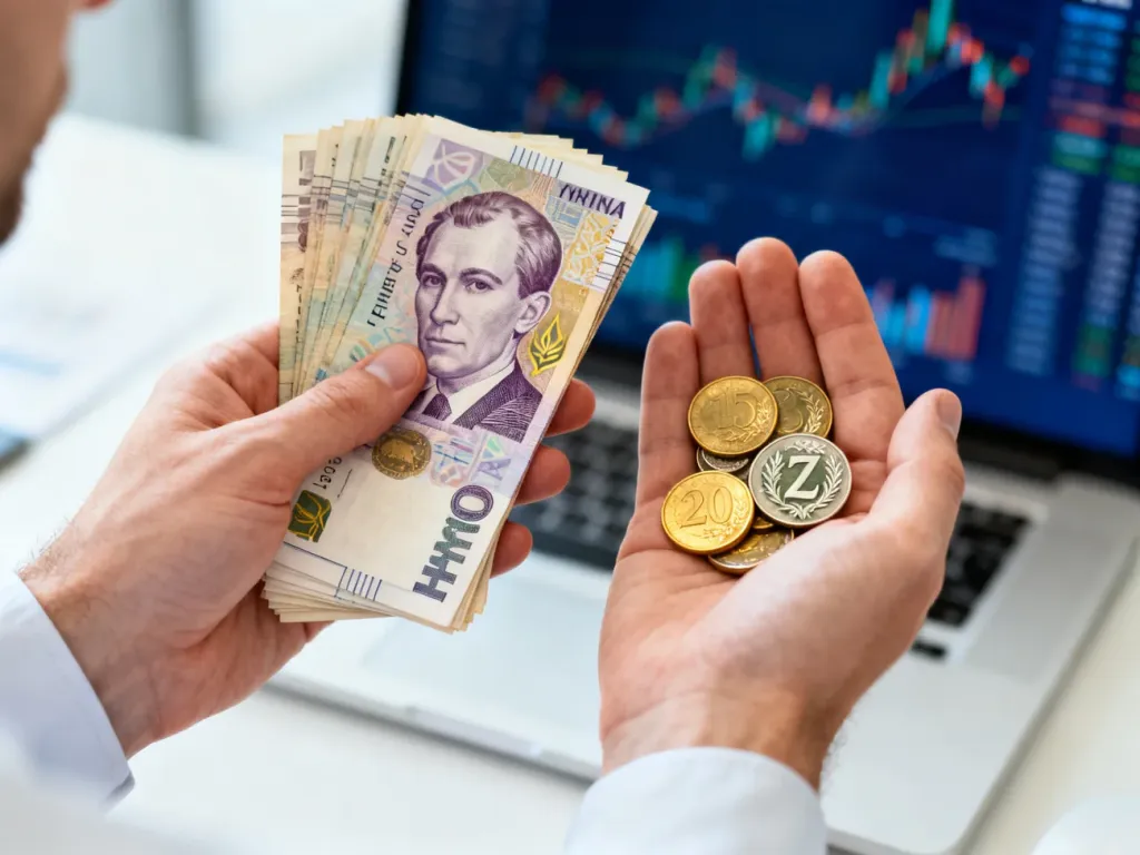 Dłonie trzymające ukraińskie hrywny oraz polskie monety na tle nowoczesnego biura finansowego.