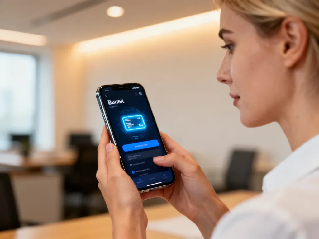 Kobieta trzymająca smartfon z otwartą aplikacją bankową, gotowa do dokonania płatności mobilnej BLIK.