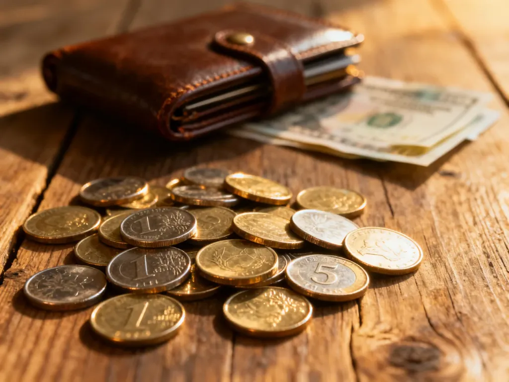 Różnorodne metalowe monety rozsypane na drewnianym stole obok portfela i banknotów w ciepłym świetle.