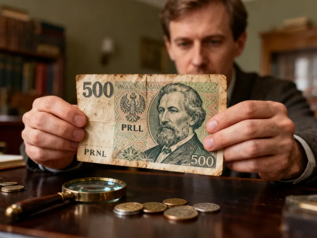 Mężczyzna trzyma w dłoniach stary banknot 500 zł z czasów PRL, badając jego detale przy użyciu lupy na drewnianym biurku.