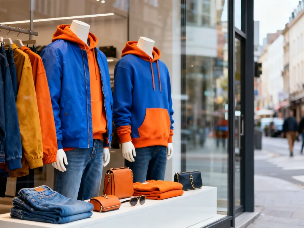 Elegancka witryna sklepu Superdry z kolorową odzieżą casualową i akcesoriami na tle miejskiej ulicy.