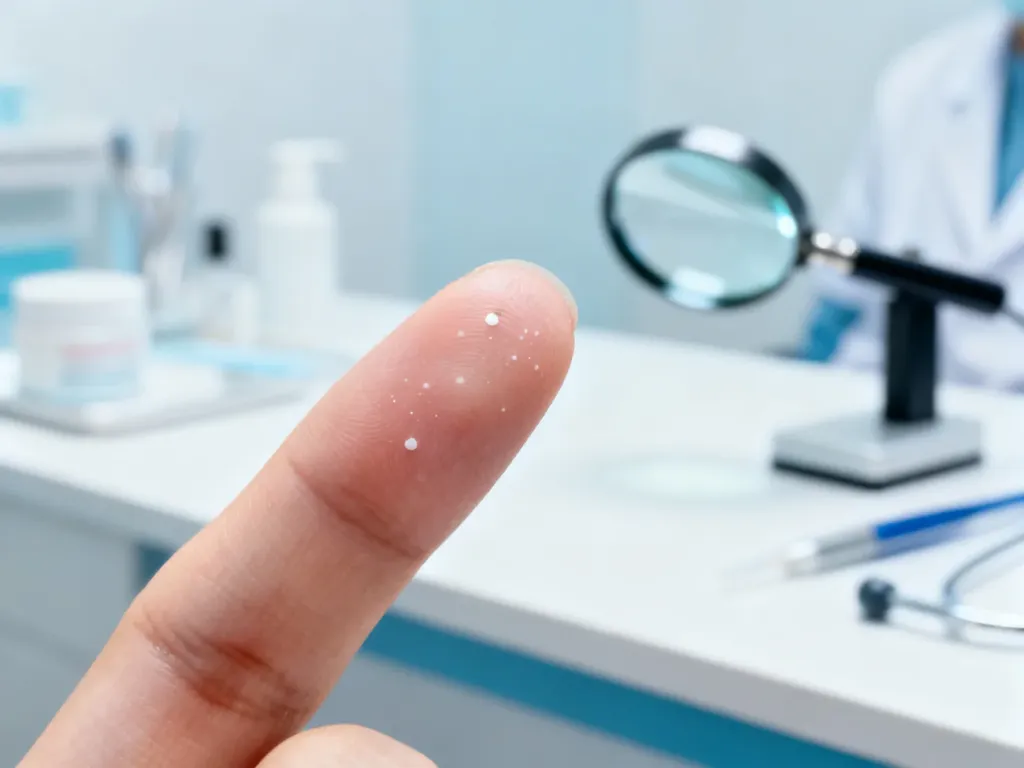 Zbliżenie na paznokieć z widocznymi białymi plamkami w gabinecie dermatologicznym. Ilustracja przyczyn zmian na płytce paznokcia.