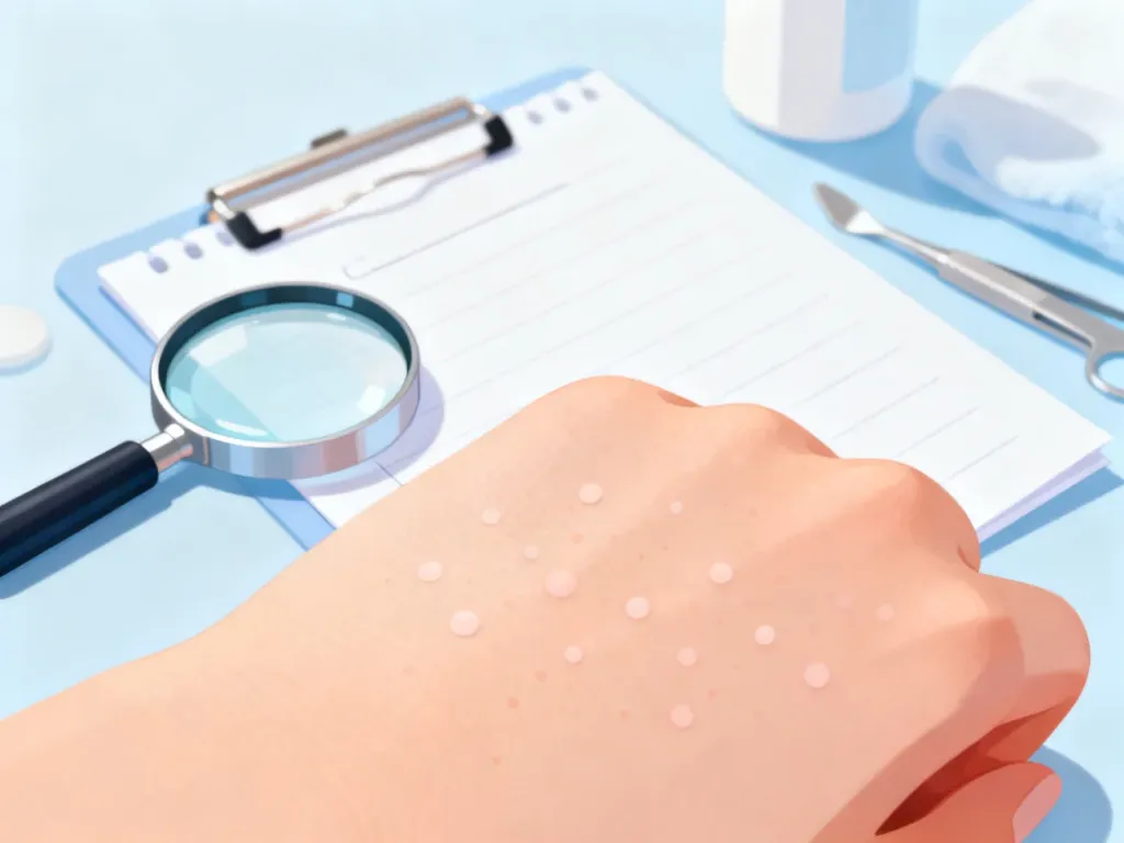 Ilustracja medyczna przedstawiająca zdrowe fragmenty skóry z widocznymi plamkami Fordyce’a w gabinecie dermatologicznym.