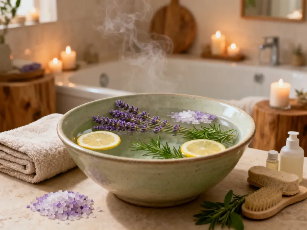 Ceramiczna miska z wodą, solą morską i ziołami do domowej kąpieli stóp w relaksującej atmosferze spa.