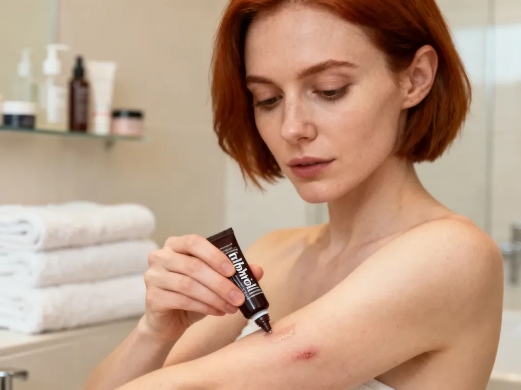 Kobieta nakłada ciemną maść ichtiolową na podrażnione miejsce na przedramieniu w łazience.