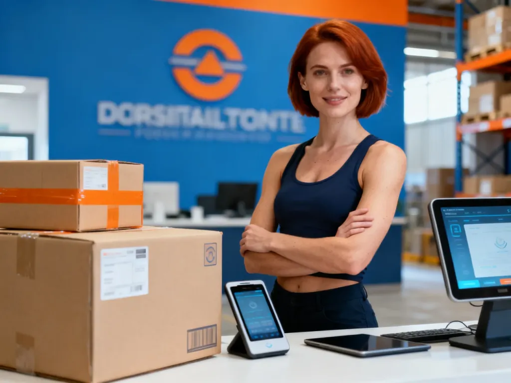 Profesjonalistka w nowoczesnym biurze firmy logistycznej, otoczona paczkami i technologią cyfrową.