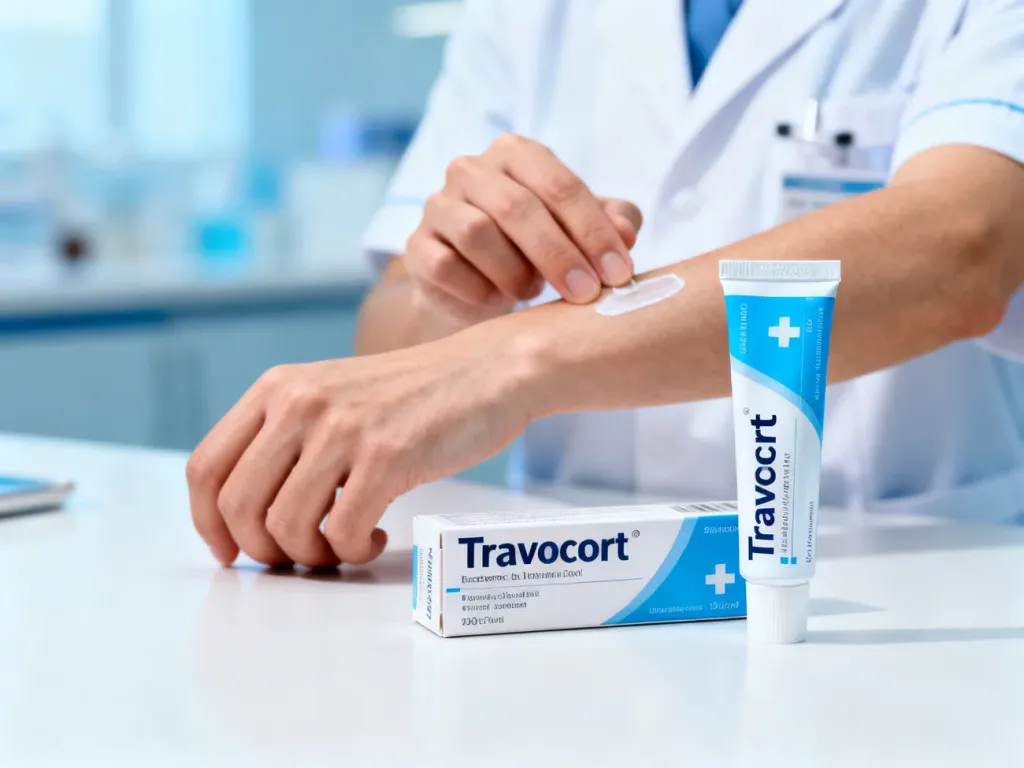 Tubka i opakowanie kremu Travocort na tle aptecznym, obok dłonie farmaceuty pokazujące sposób aplikacji preparatu na skórę.